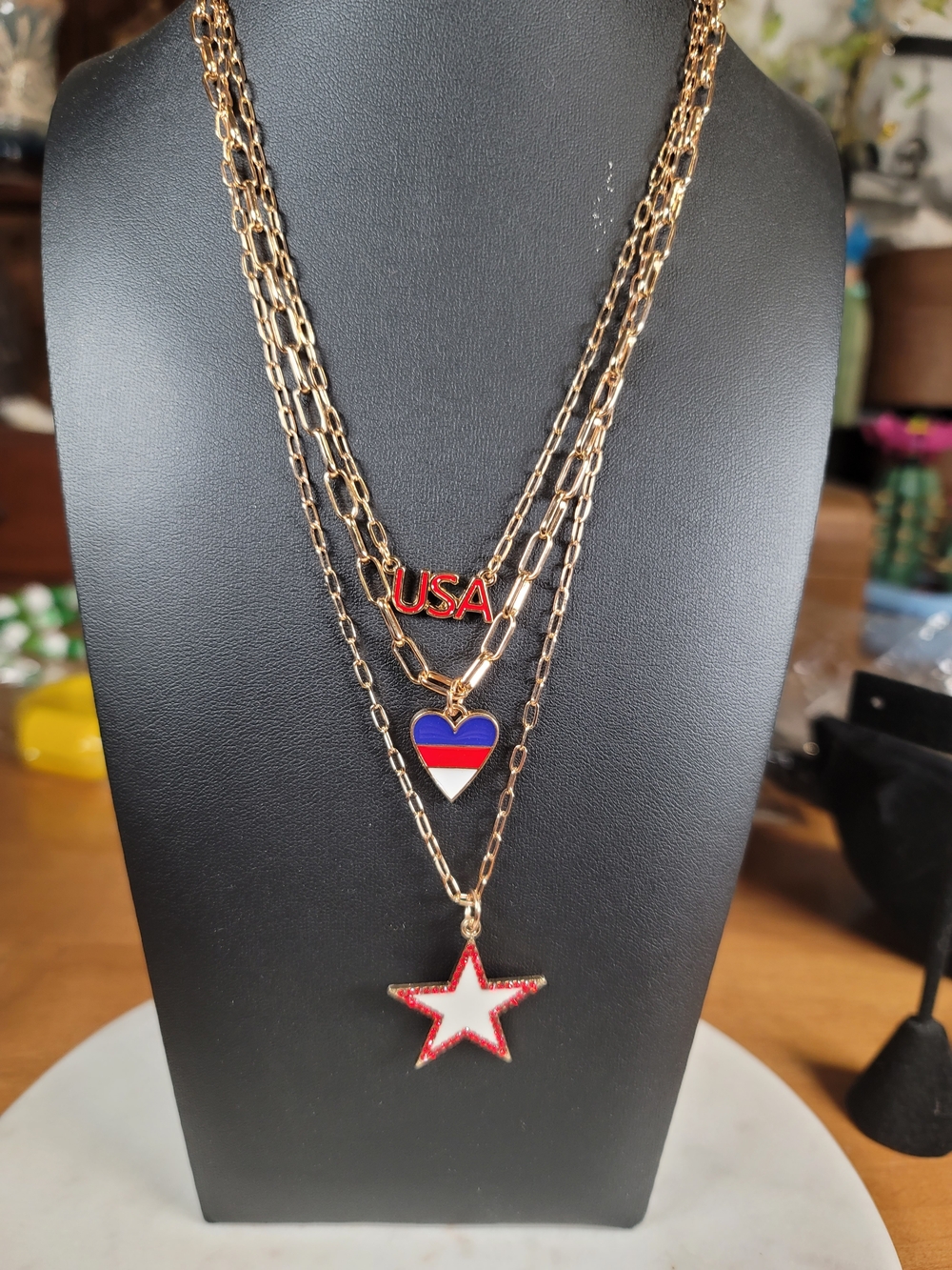 paparazzi Gold-Tone Layered Necklace with Red, White & Blue Charms